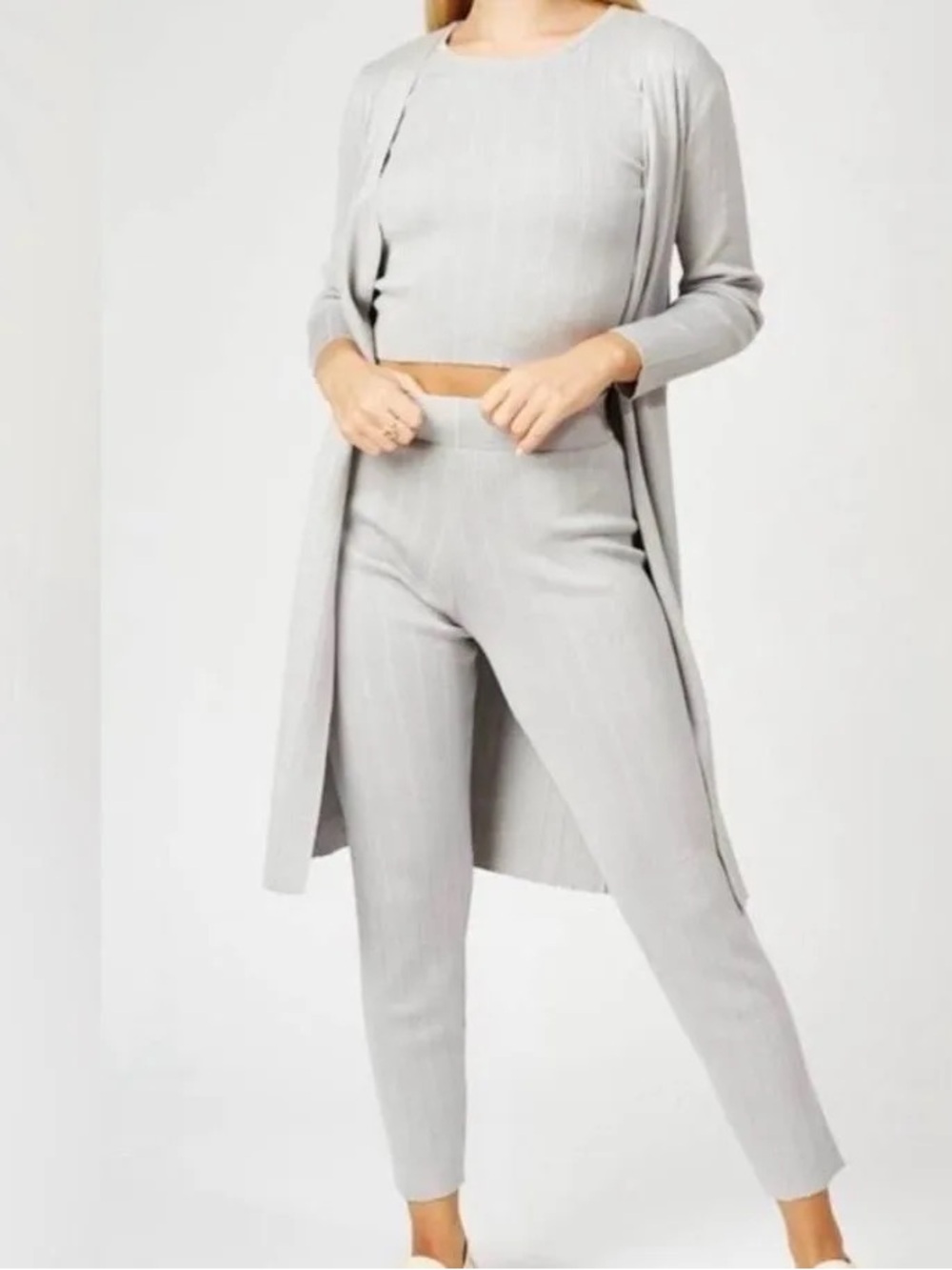 Silk & Salt Ribbed Sweater 3 Piece Pantsuit Light Gray Large New